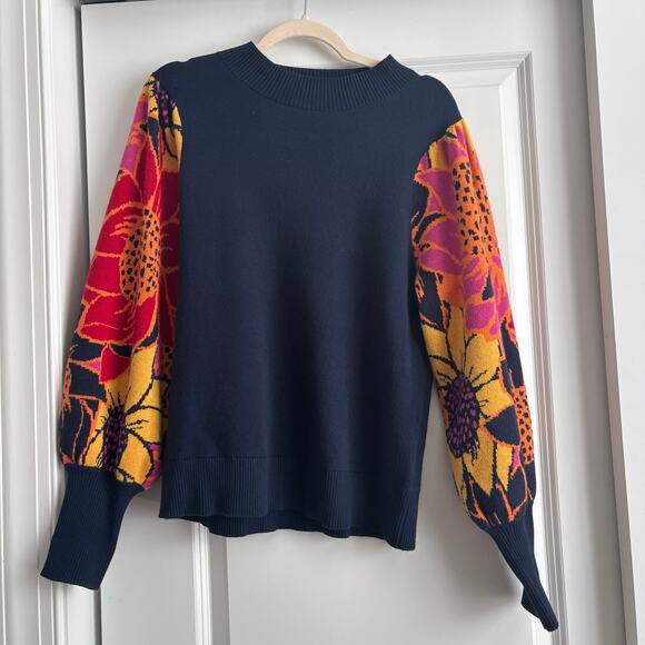 Jodiful Women’s Floral Balloon Sleeve Sweater S Colorblock Navy Pink Mock Neck - Picture 2 of 11